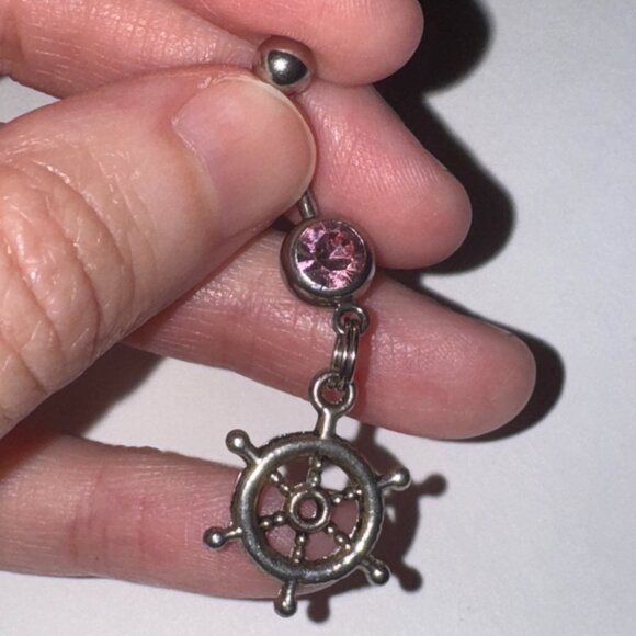 Pink Gem Nautical Wheel Design Dangle Belly Ring - Picture 8 of 12